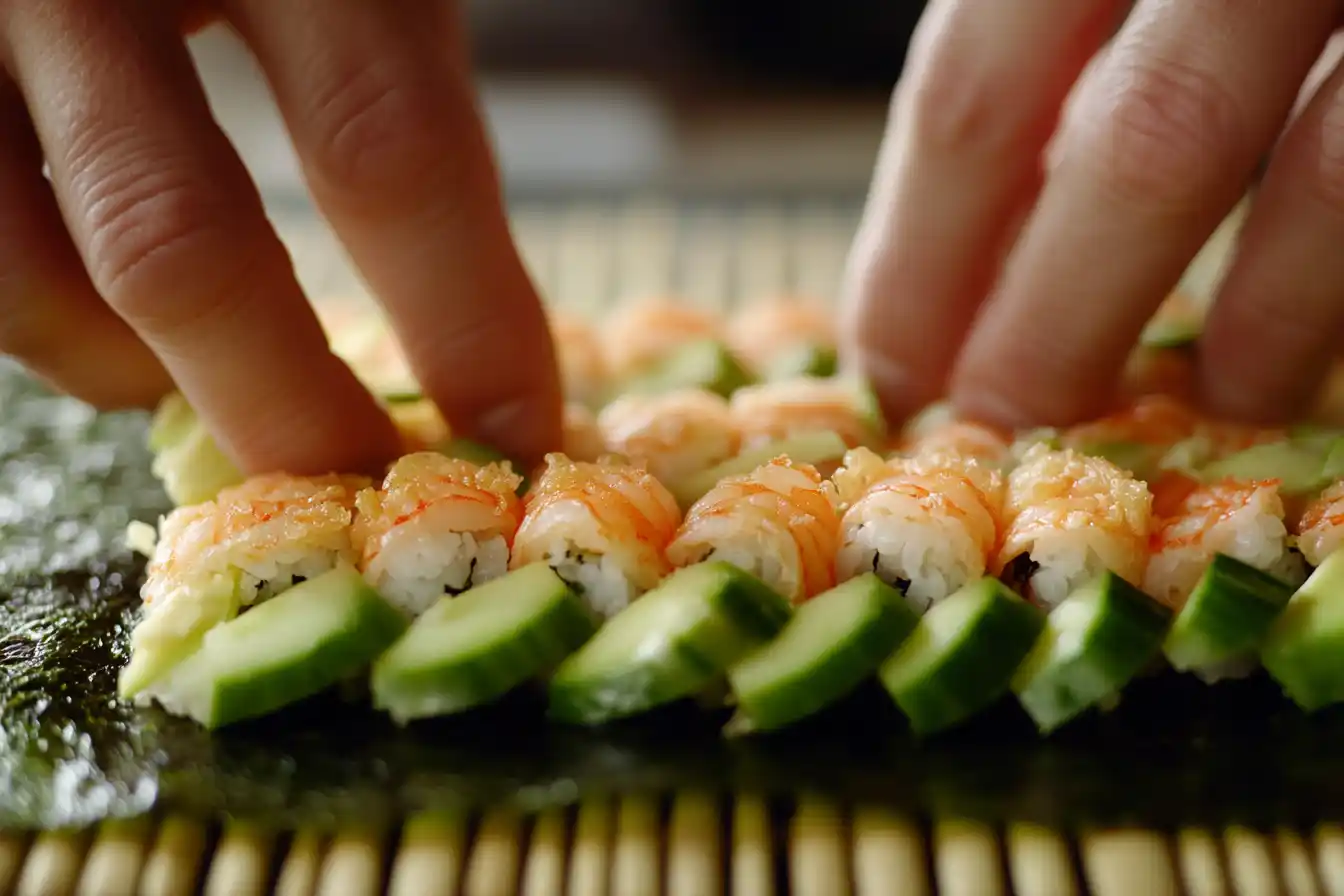 Manos de un chef colocando aguacate sobre un rollo de sushi con un mat de bambú y cuchillo al fondo.