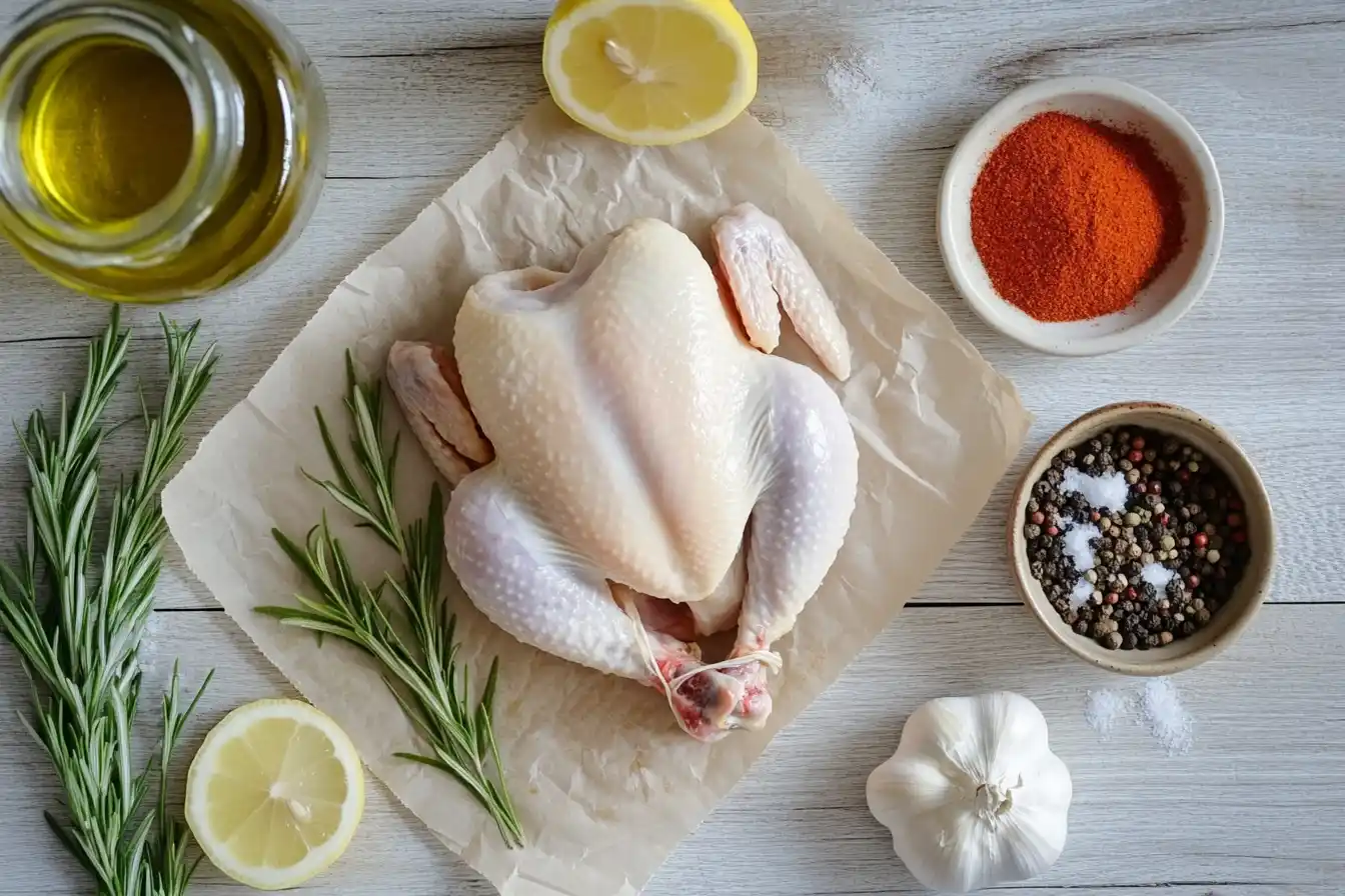 Raw half chicken on butcher paper with rosemary, garlic, paprika, lemon slices, salt, pepper, and olive oil.