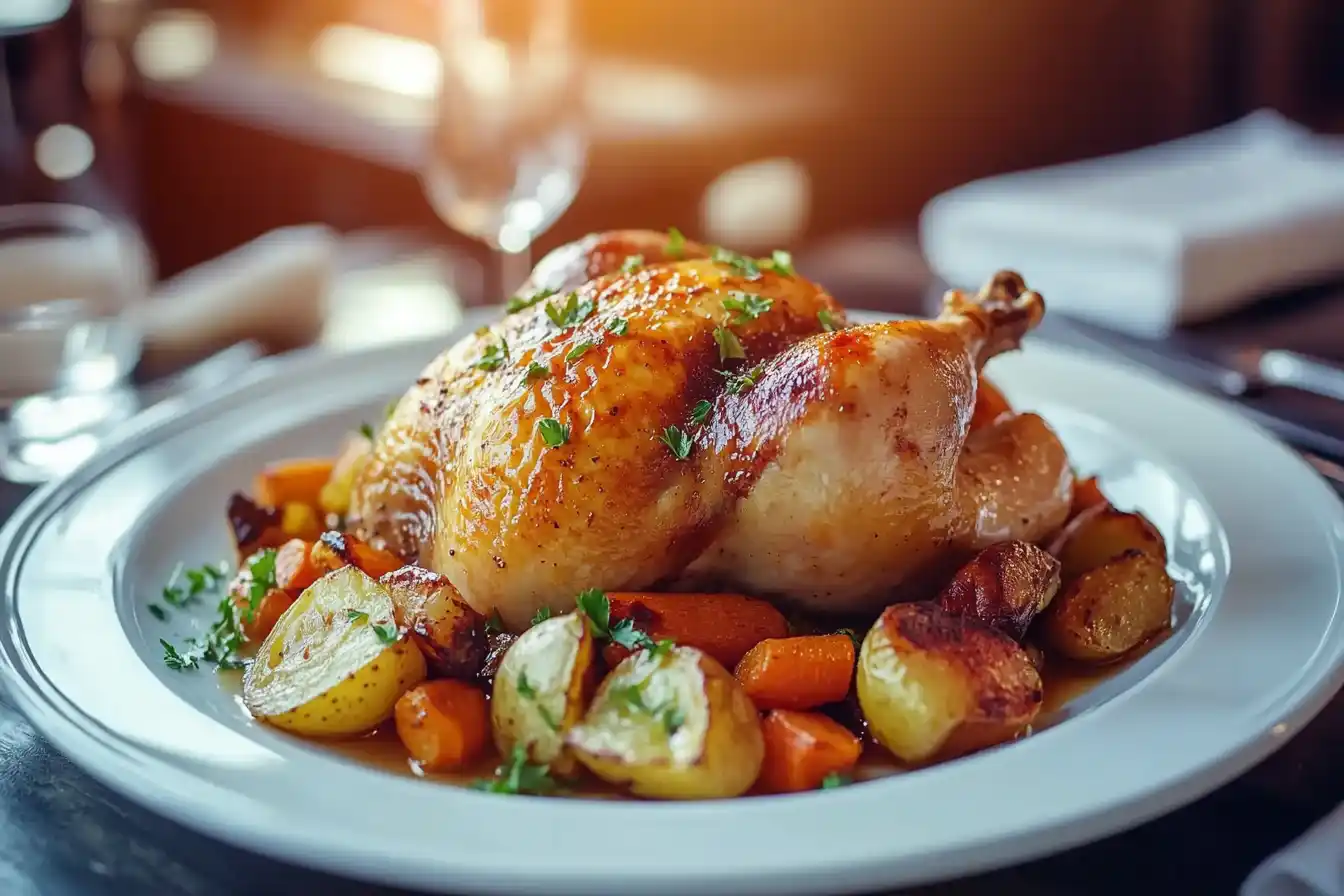 Plated roasted half chicken with roasted vegetables, parsley garnish, and gravy drizzle on a ceramic plate.