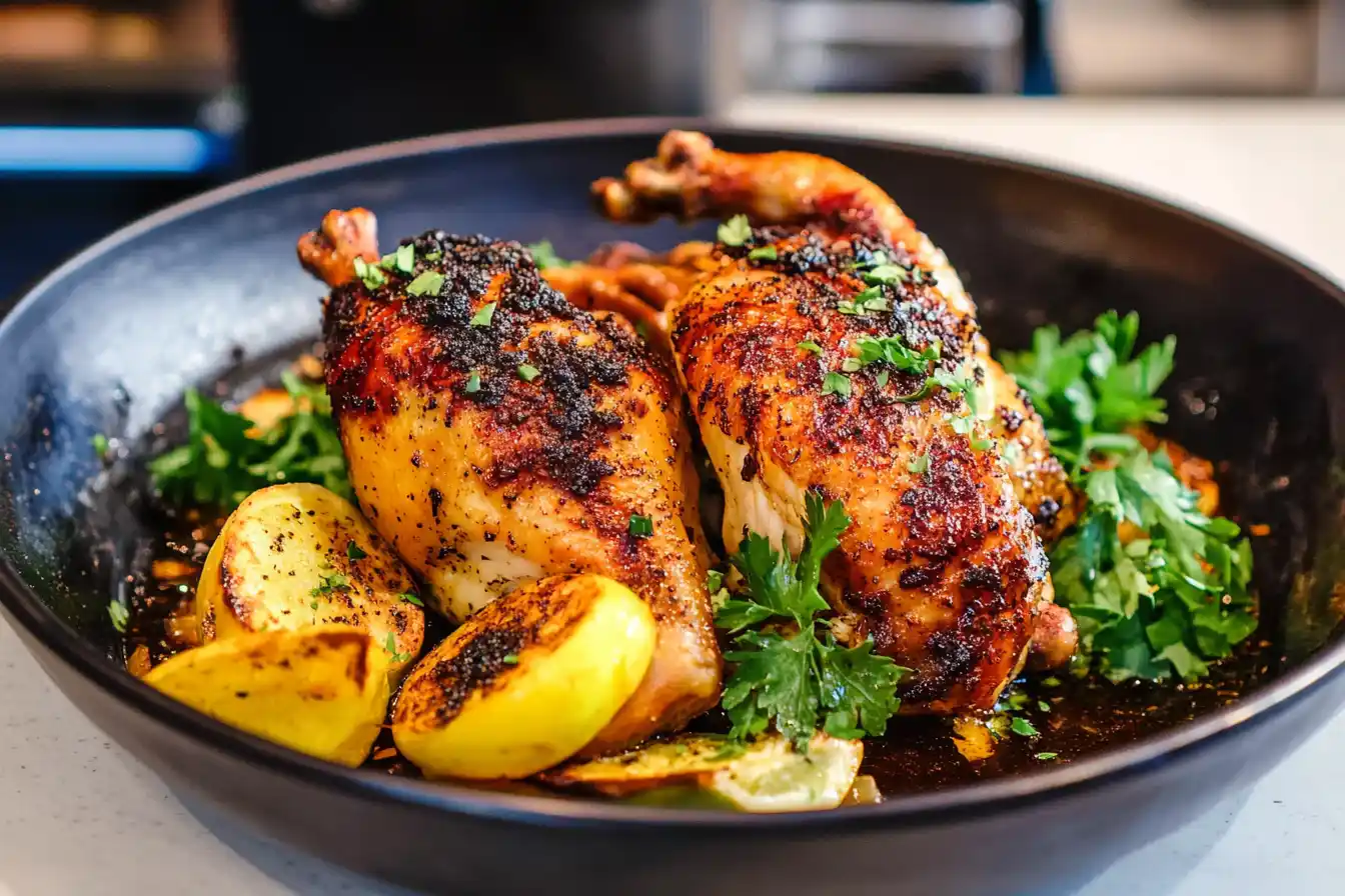 A roasted half chicken with golden skin, garnished with rosemary and lemon wedges, on a wooden board.