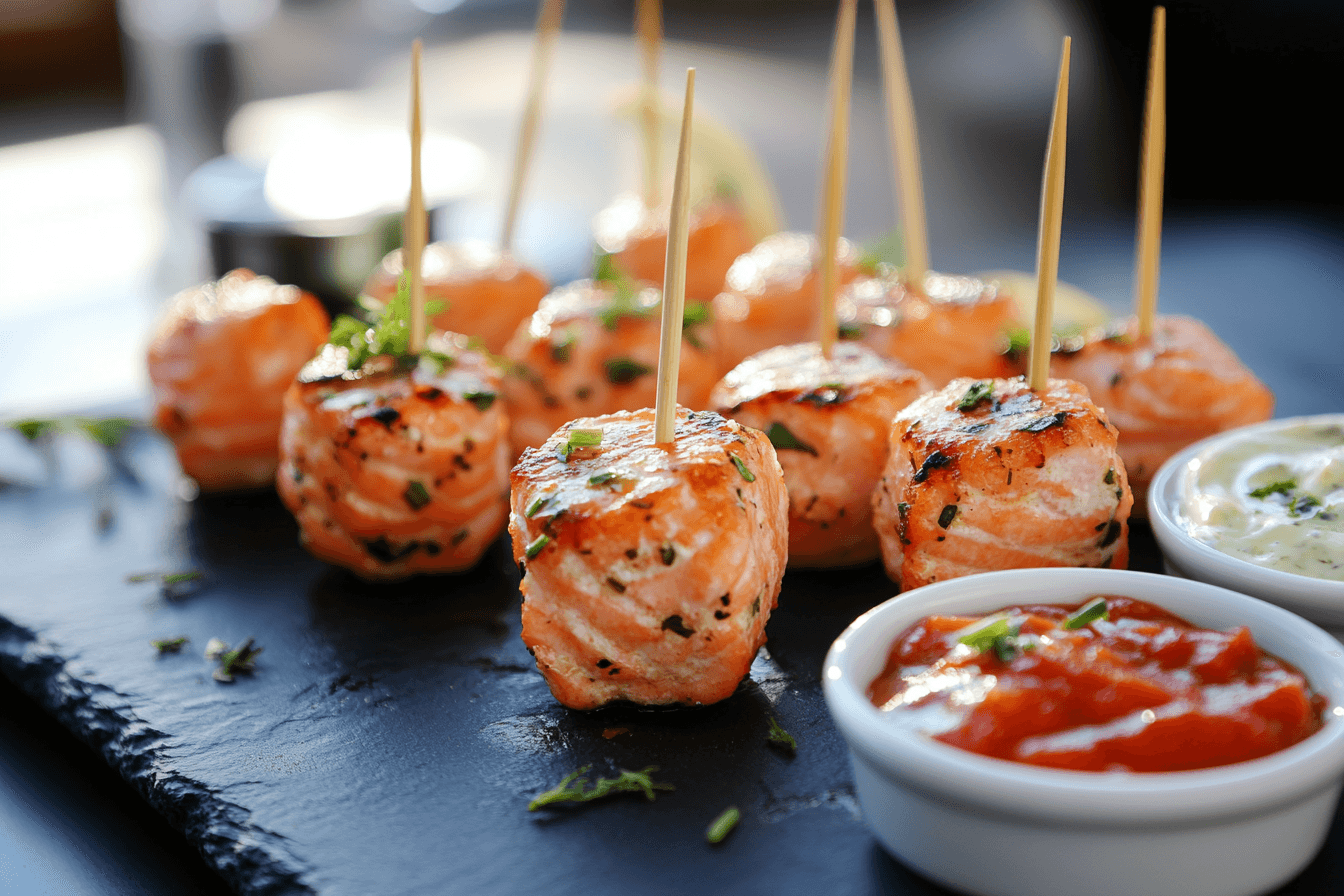 Salmon bites Recipes on a dark serving platter with dipping sauces and lemon garnishes, set against a warm party backdrop.