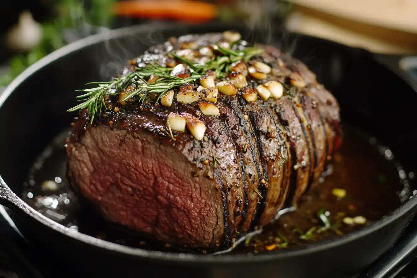 Boneless beef chuck roast being seared in a cast iron skillet with garlic and rosemary.