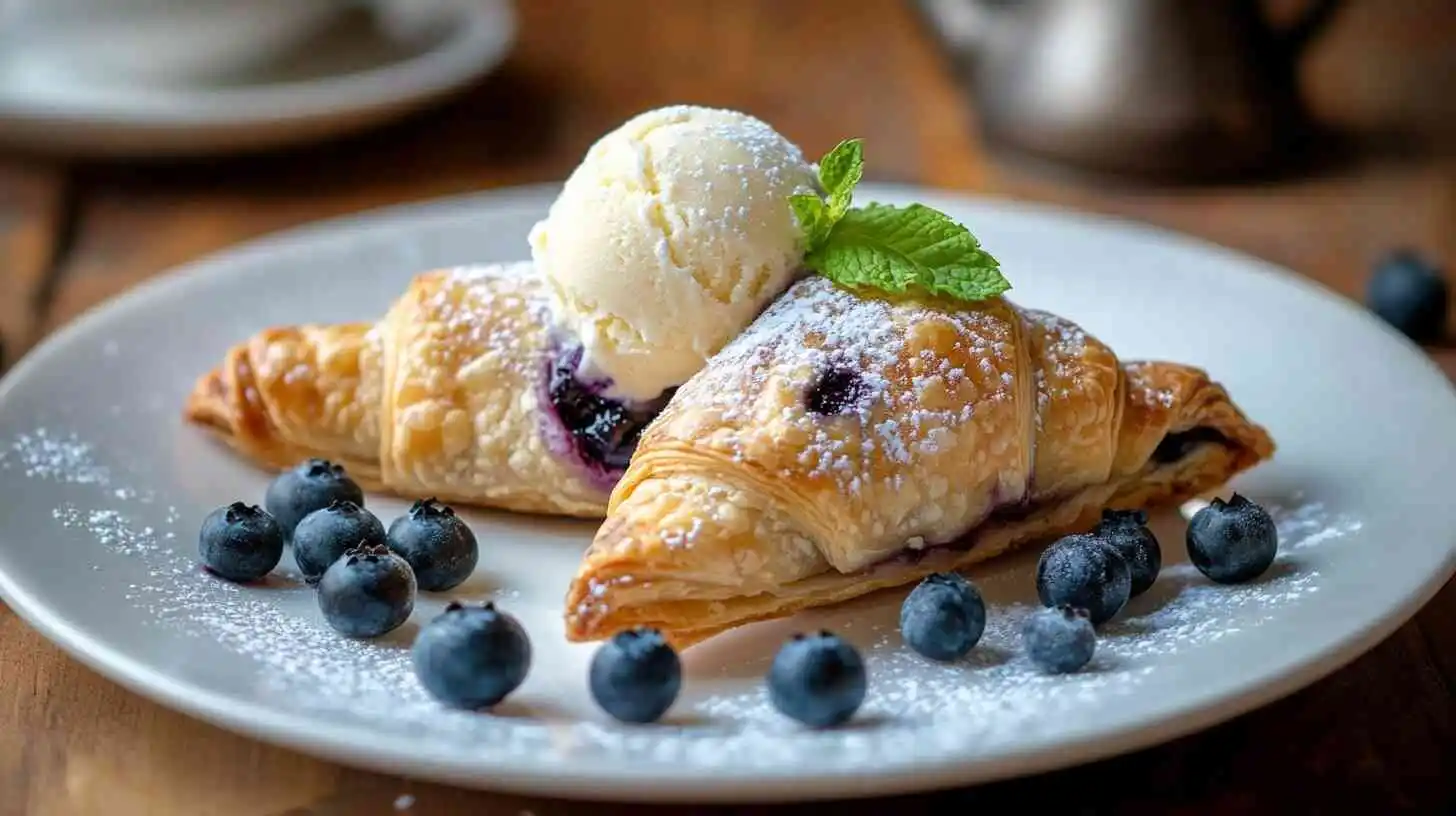 Blueberry turnovers with vanilla ice cream and fresh blueberries on a white plate