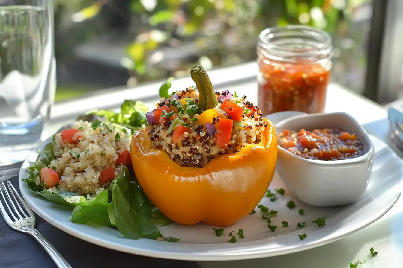 A Costco stuffed bell pepper served with a salad, quinoa, and a jar of salsa on a white plate and a wooden table.