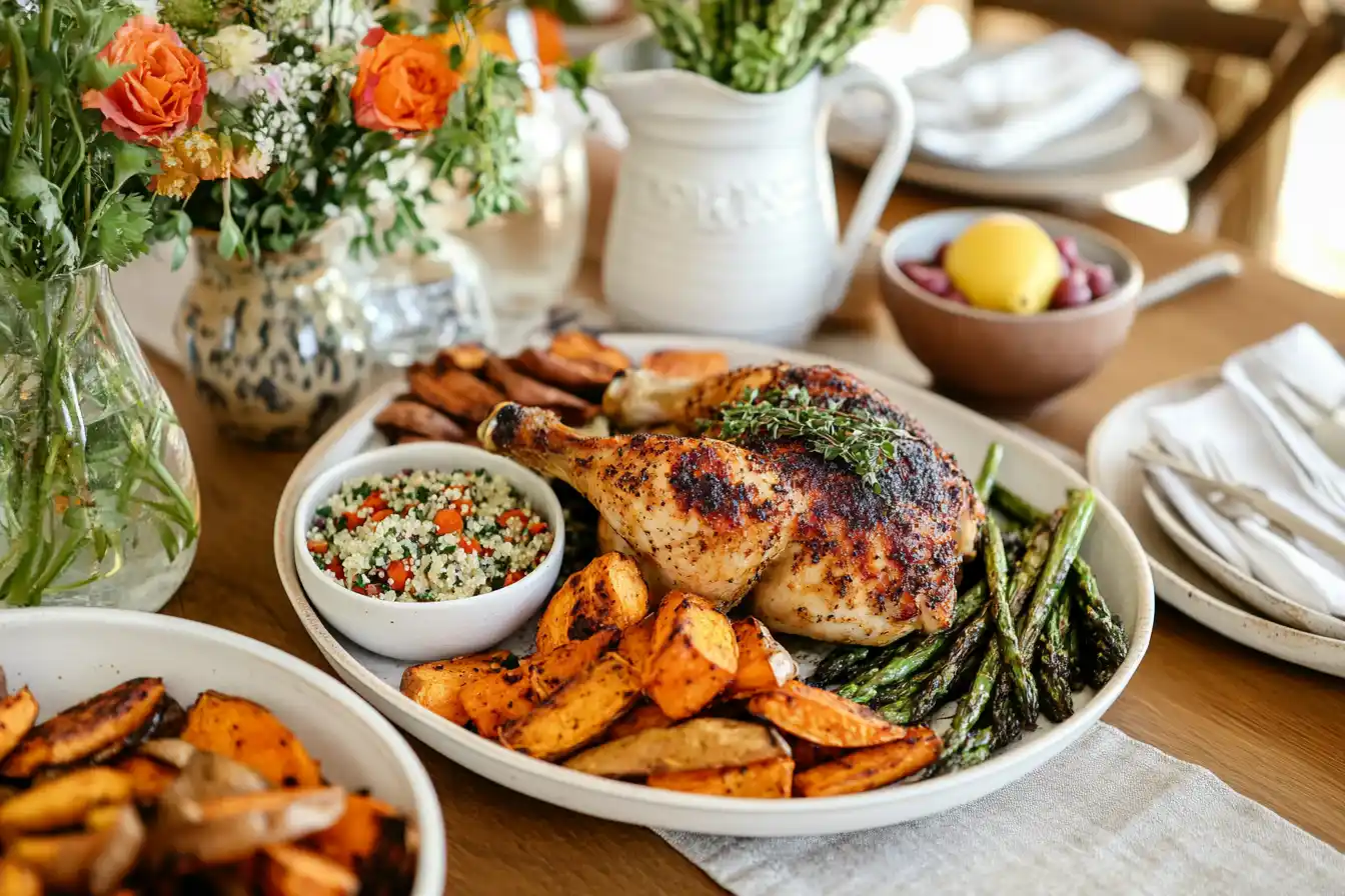 Plated Alice Springs Chicken served with sweet potato wedges, asparagus, and quinoa salad on a beautifully set dining table.