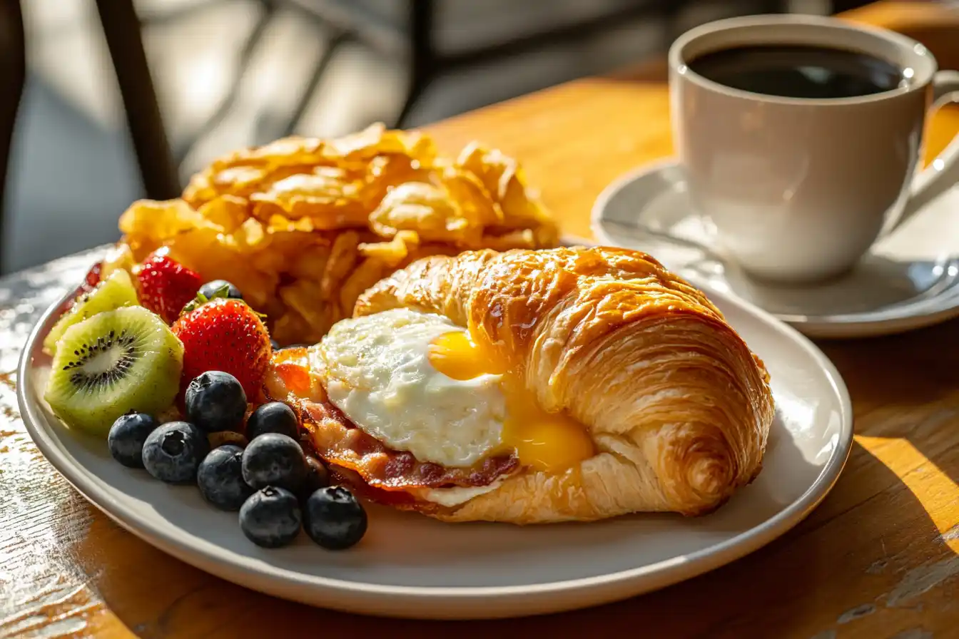 Bacon egg and cheese croissant on a plate with fruit and hash browns, accompanied by coffee on a wooden table.