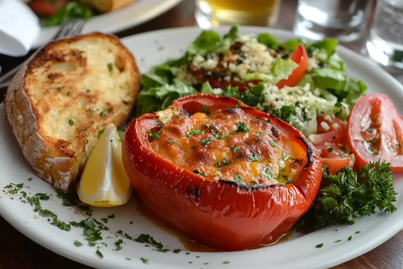 A Costco stuffed pepper served with salad and garlic bread on a white plate.