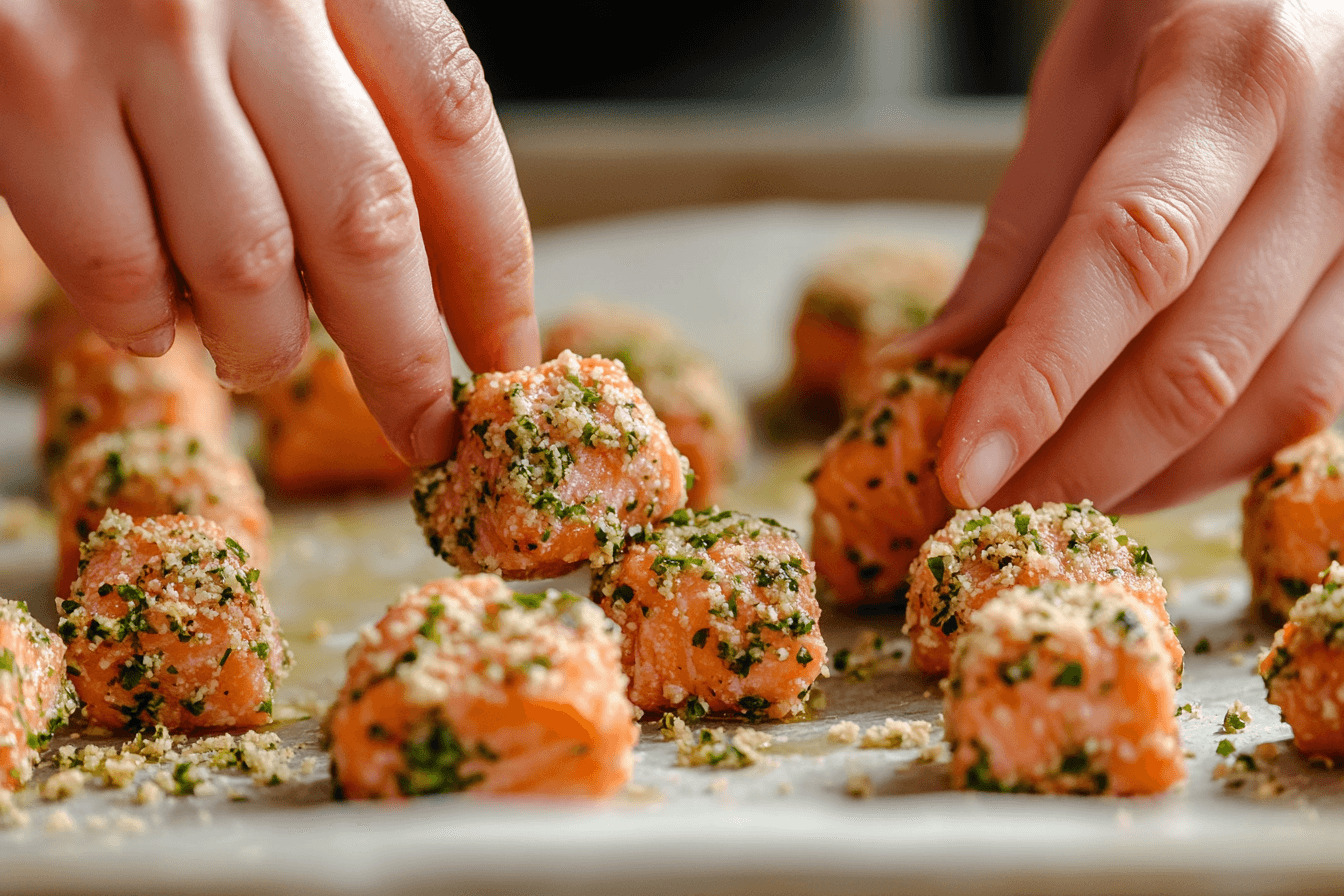 Hands shaping salmon bites on a lined baking sheet, ready for cooking.