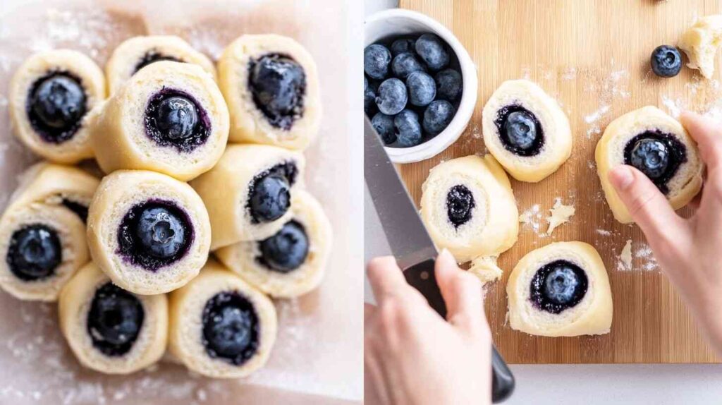 Hands slicing blueberry cheesecake crescent dough on a wooden board