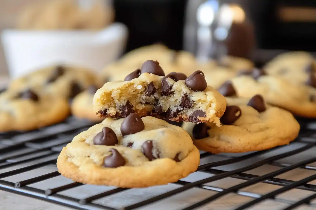 A batch of six small batch chocolate chip cookies with melted chocolate chips, accompanied by a jar of milk and white napkins.