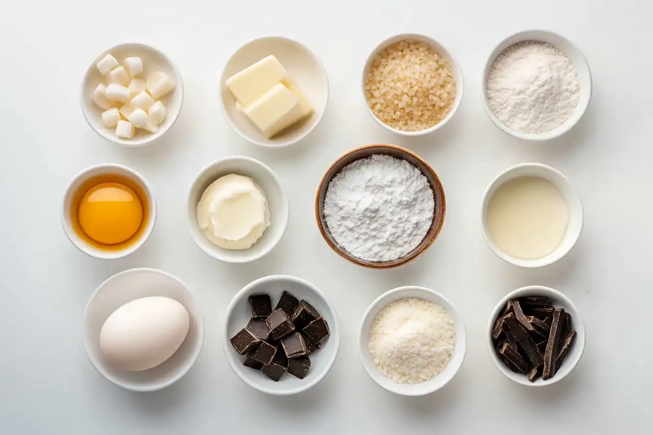 Ingredients for small batch chocolate chip cookies arranged on a wooden surface, including butter, sugar, flour, and chocolate chips.