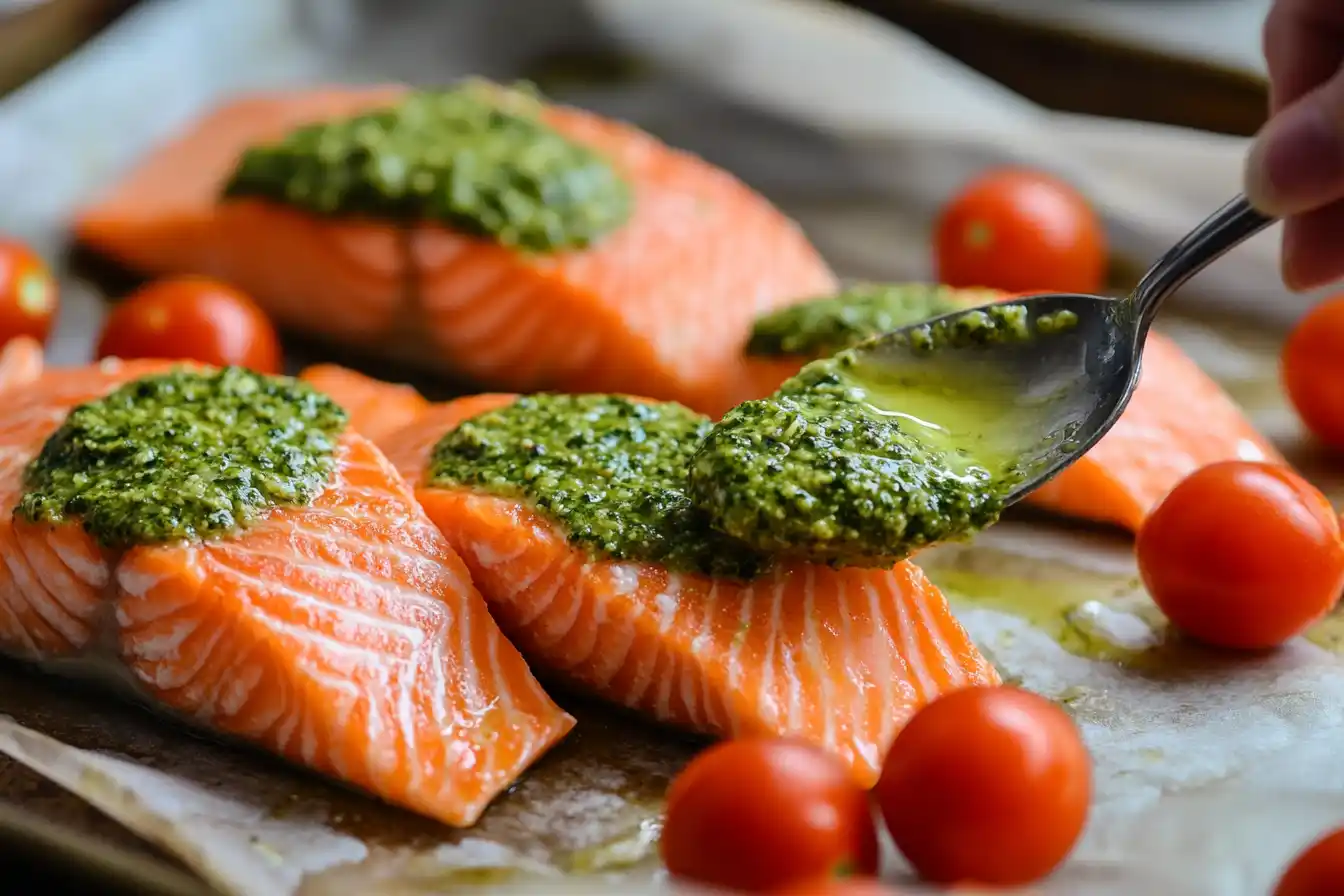 Spreading Pesto On Salmon Recipe