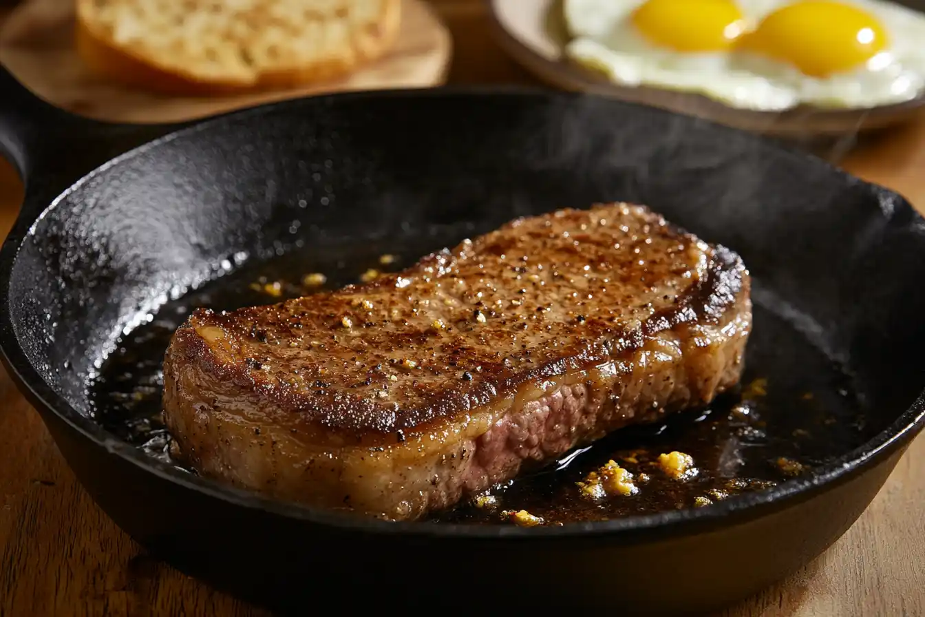 A steak sizzling in a cast-iron skillet with a toasted bagel and eggs nearby.