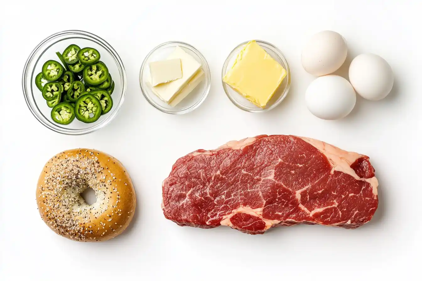 Ingredients for a steak egg and cheese bagel arranged on a wooden cutting board with a knife and skillet nearby.