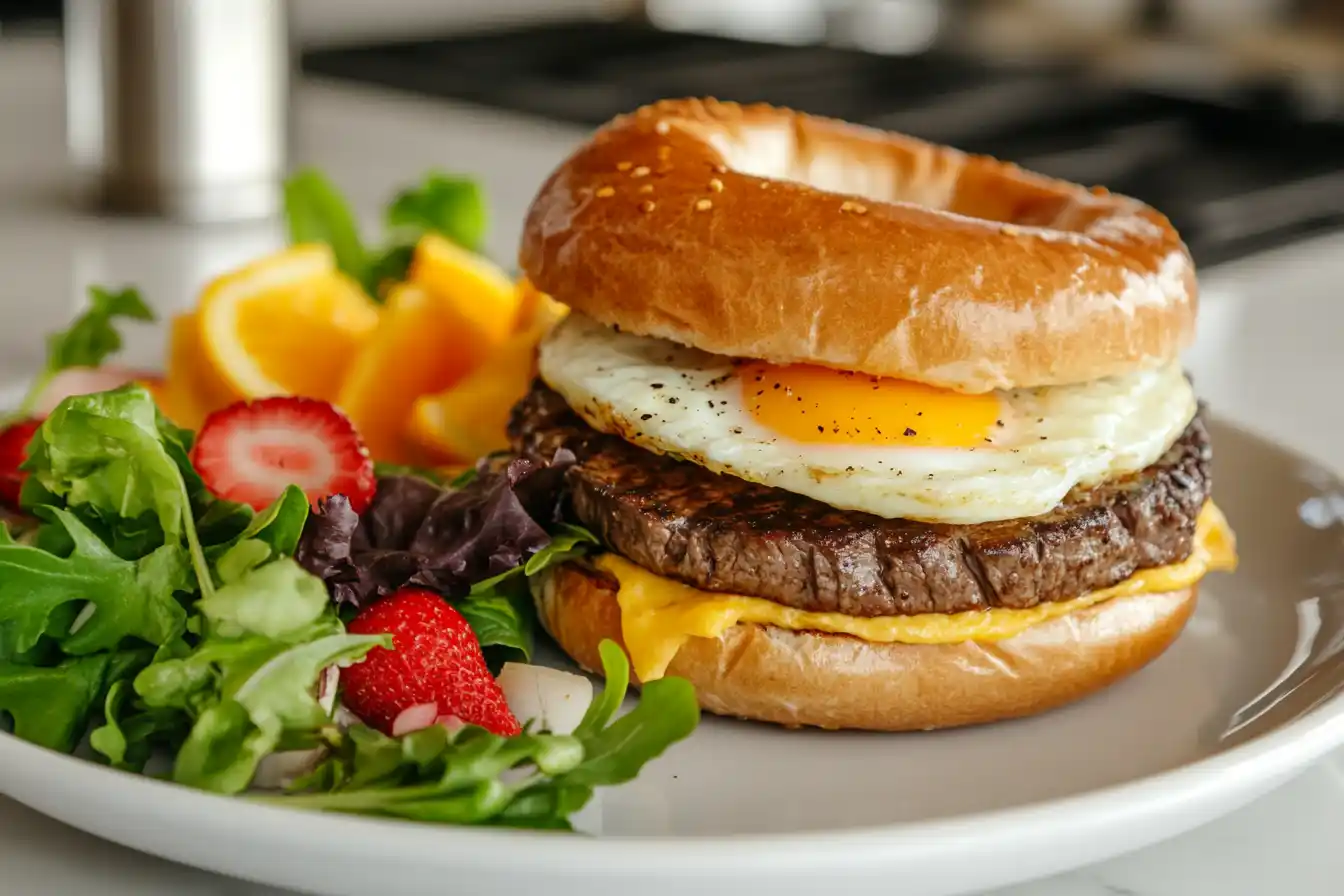 A steak egg and cheese bagel on a plate with a side salad and fresh fruit in a modern kitchen setting.