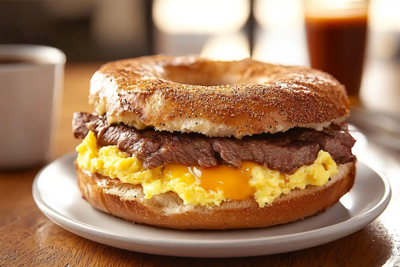 A steak egg and cheese bagel sliced in half on a wooden table with coffee and hot sauce.