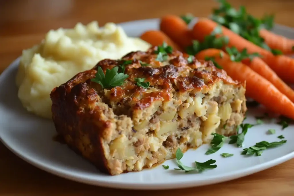 A sliced stove top stuffing meatloaf with mashed potatoes and roasted carrots on a plate.