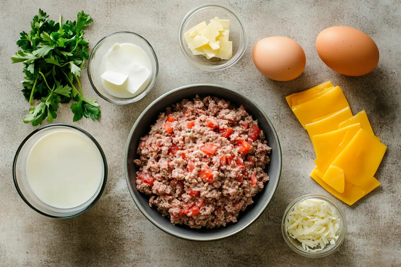 Ingredients for stove top stuffing meatloaf laid out on a countertop, including ground beef, stuffing mix, eggs, milk, and onions.