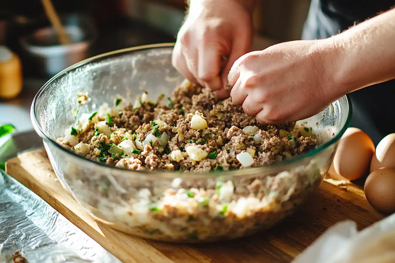 Hands mixing ground beef, Stove Top stuffing, and eggs in a glass bowl, preparing meatloaf.