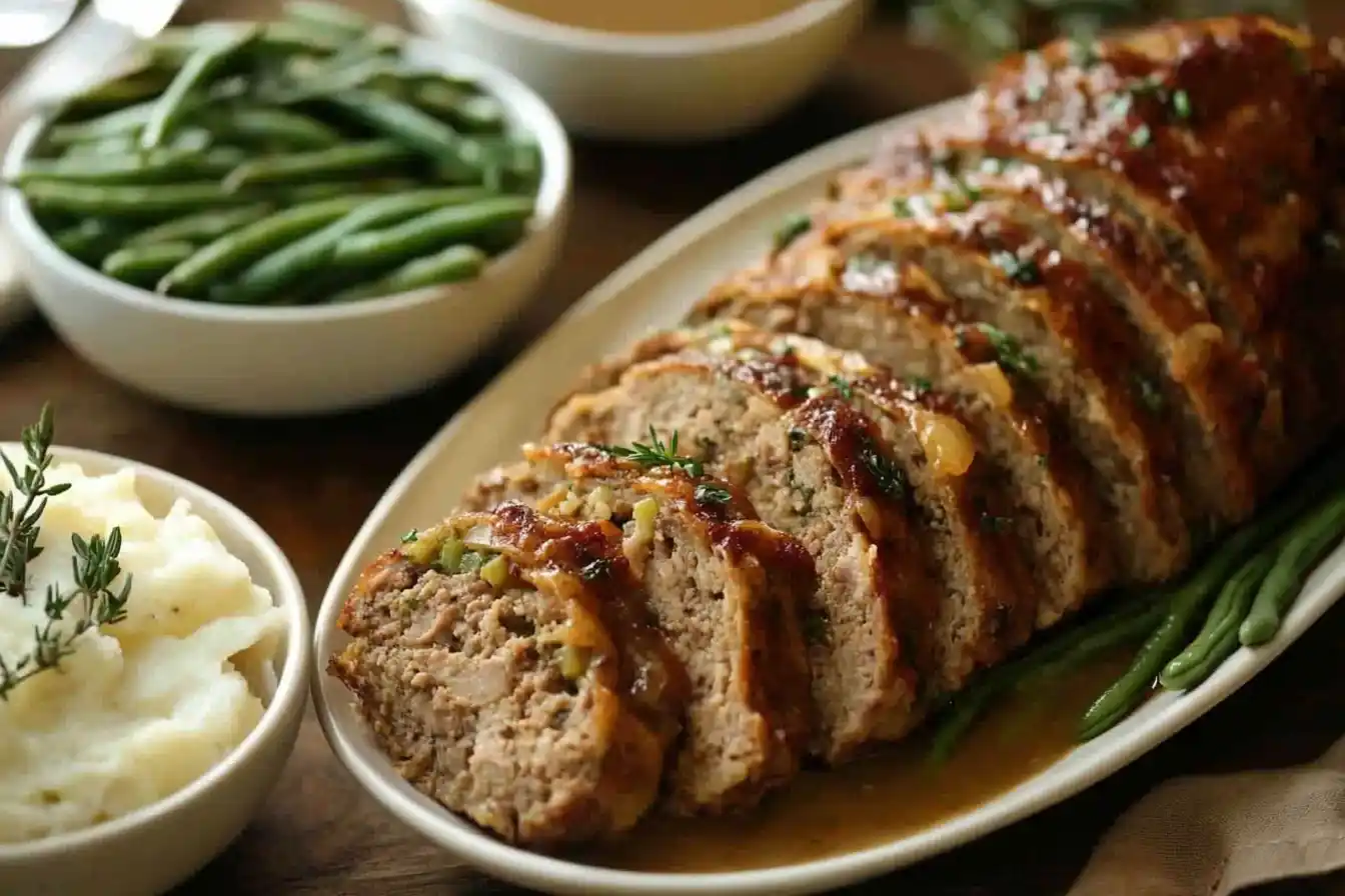 Slices of stove top stuffing meatloaf on a platter with sides of mashed potatoes and green beans.