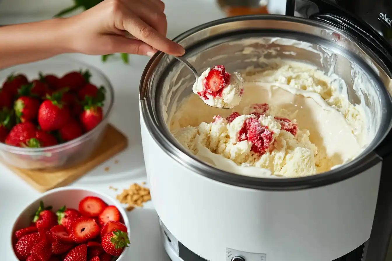 Ice cream maker churning strawberry cheesecake ice cream base with strawberry swirl being added by hand.