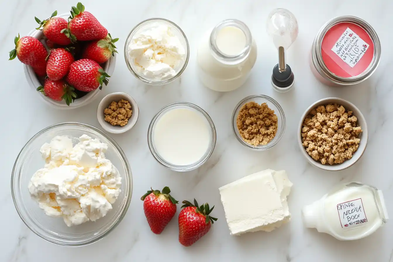 Fresh strawberries, cream cheese, graham cracker crumbs, heavy cream, milk, and vanilla extract on a marble countertop.