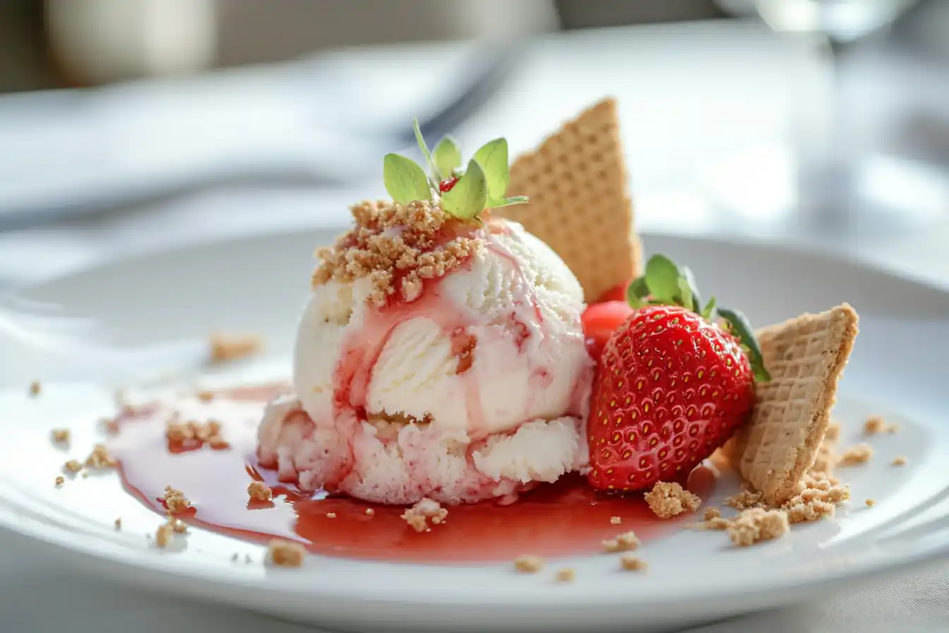 A scoop of strawberry cheesecake ice cream on a plate garnished with strawberry slices and graham cracker crumbs.