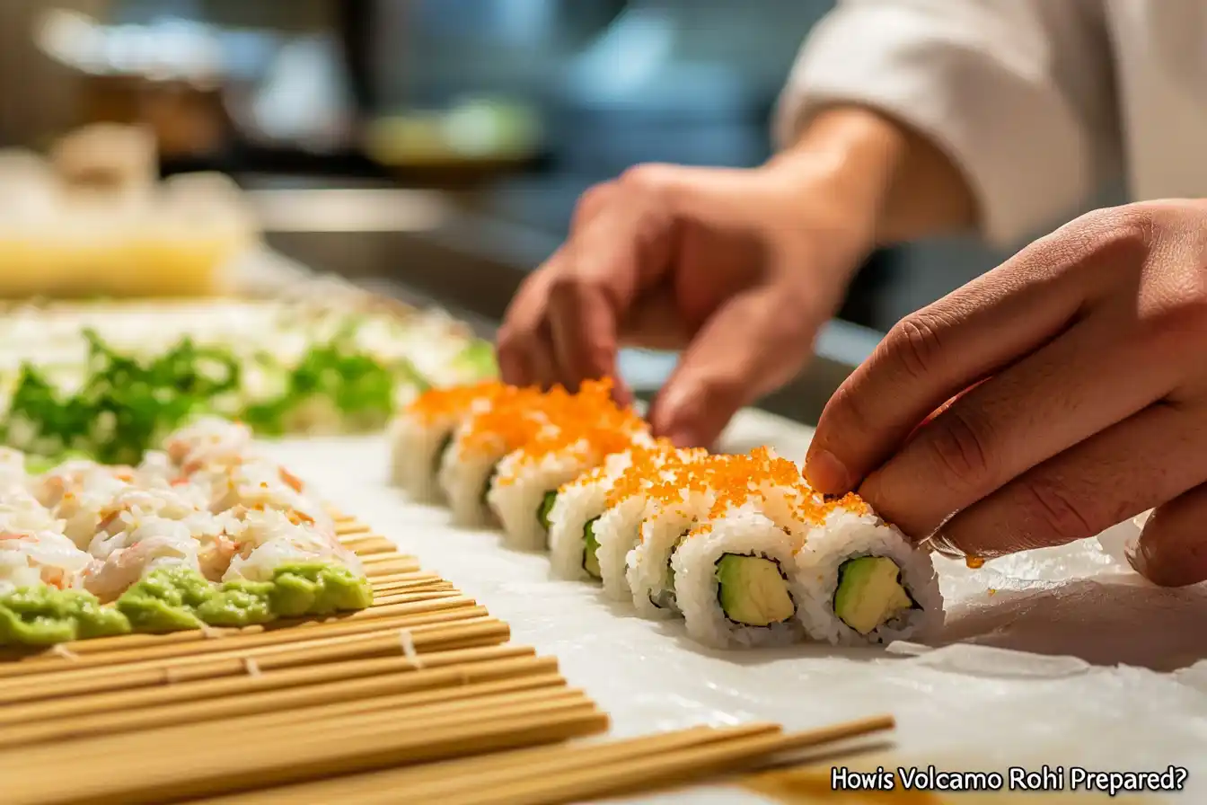 Chef's hands rolling sushi with a bamboo mat, showing crab and avocado fillings inside the roll.