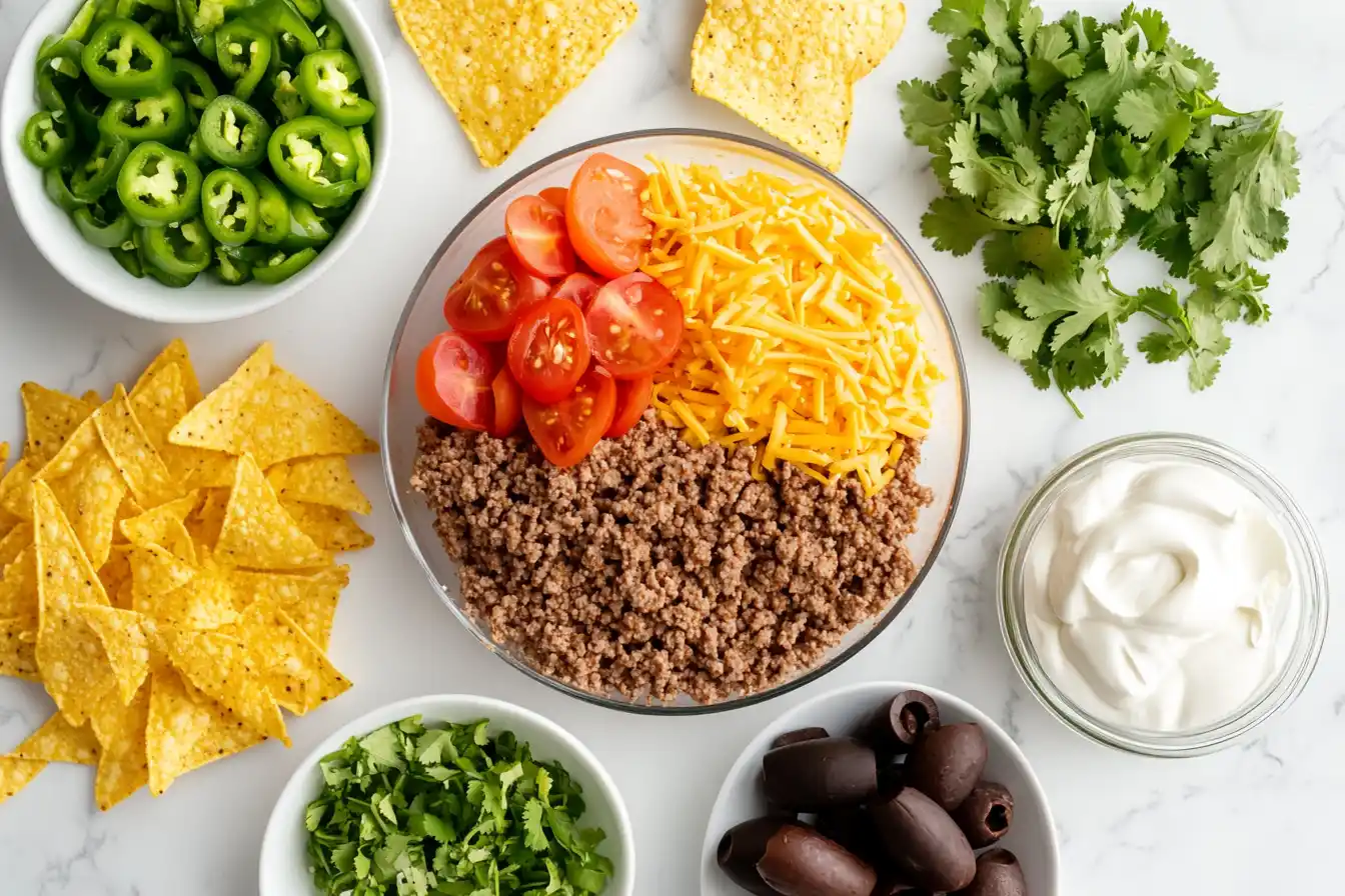 Ingredients for taco dip including ground meat, taco seasoning, shredded cheese, sour cream, tomatoes, and green onions.