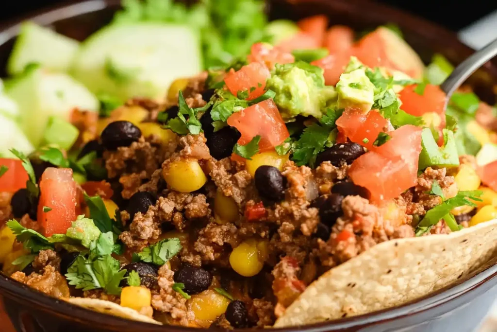 Taco dip in a glass dish with layers of seasoned meat, sour cream, cheese, tomatoes, olives, and green onions.