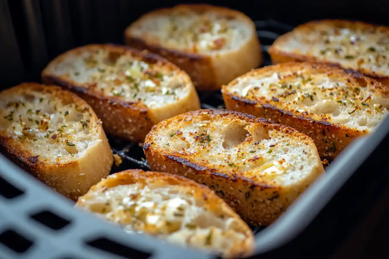 Texas Toast slices being placed into an air fryer basket for cooking