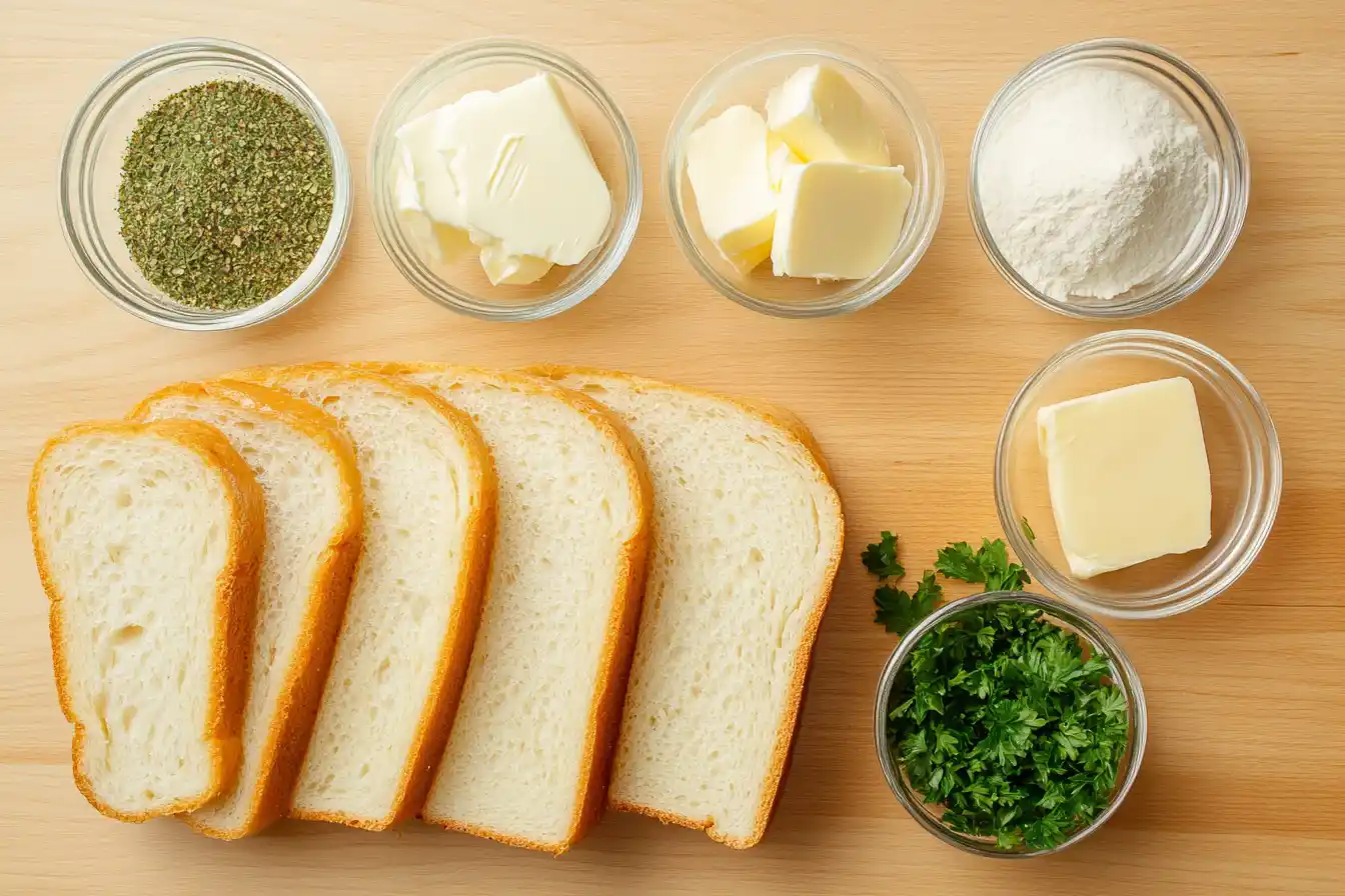 Ingredients for Texas Toast, including thick bread, butter, garlic powder, and parsley