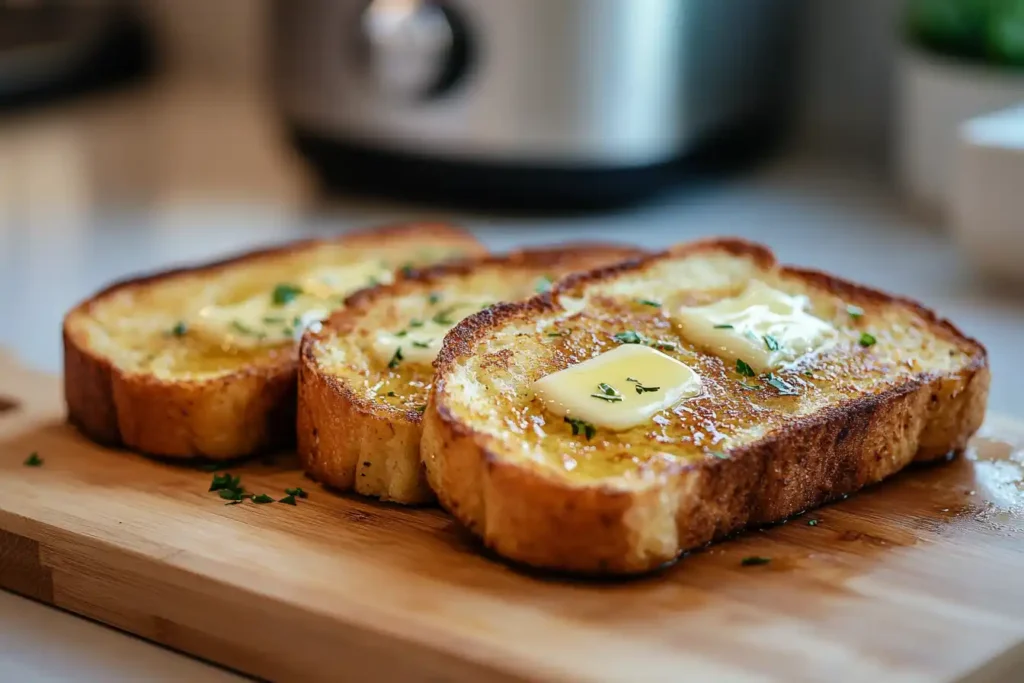 Golden-brown Texas Toast slices on a wooden cutting board with parsley garnish.