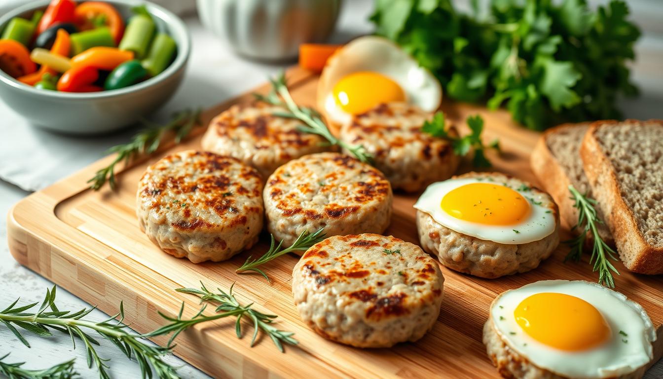 Homemade turkey sausage patties served with fried eggs, fresh vegetables, and whole-grain bread on a wooden board