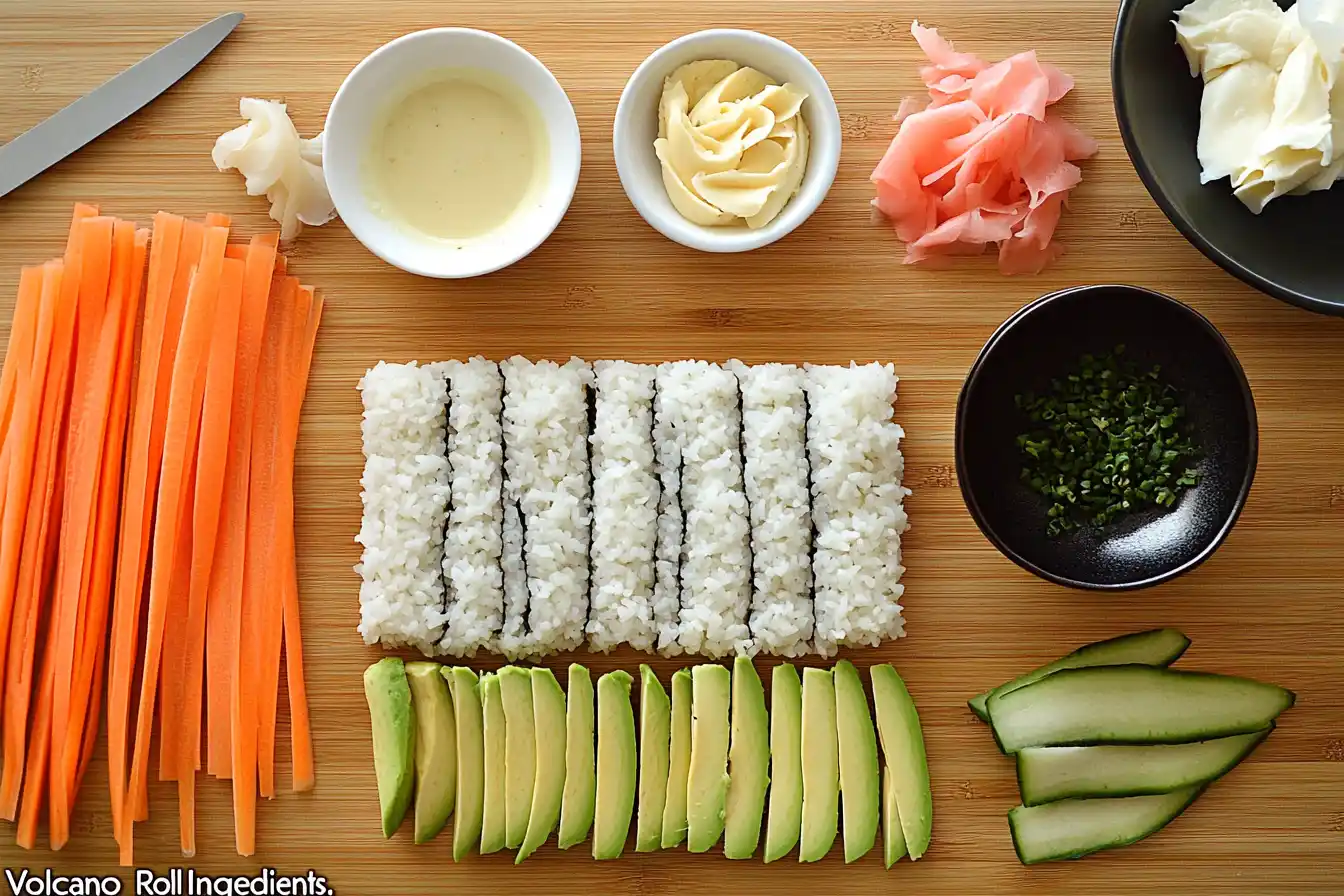 Flat lay of sushi rice, nori, crab sticks, avocado, cream cheese, and spicy mayo on a wooden surface.