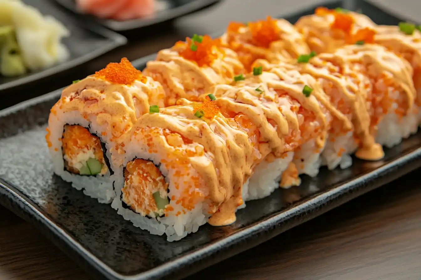 Close-up of volcano roll sushi topped with spicy mayo, masago, and scallions on a black plate.