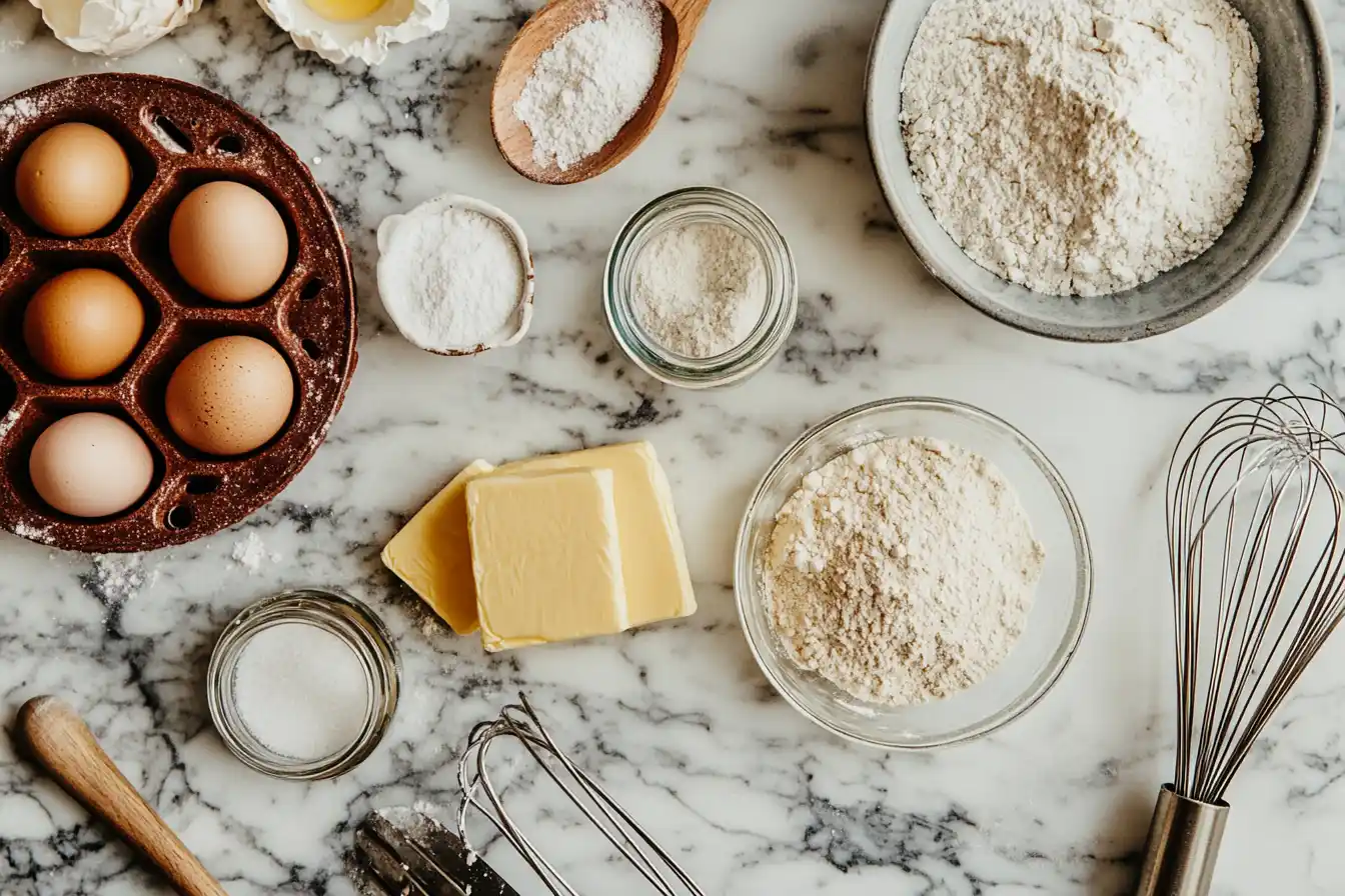 Ingredients for waffle cookies, including bowls of flour and sugar, a stick of butter, eggs, vanilla extract, and baking powder, on a marble countertop.