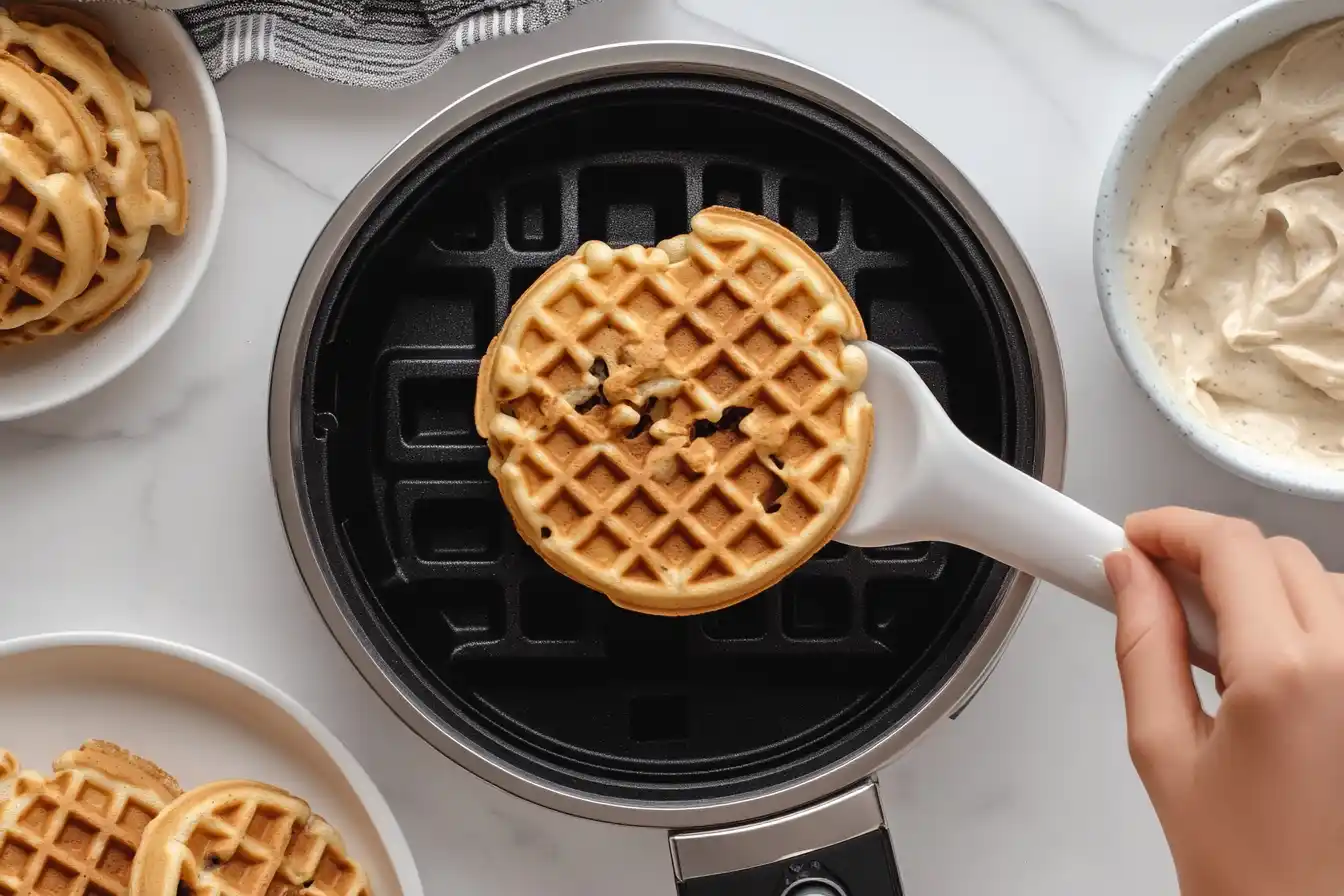 A waffle maker open to show freshly cooked waffle cookies, with a spatula lifting one cookie. Baking items are scattered on the counter.