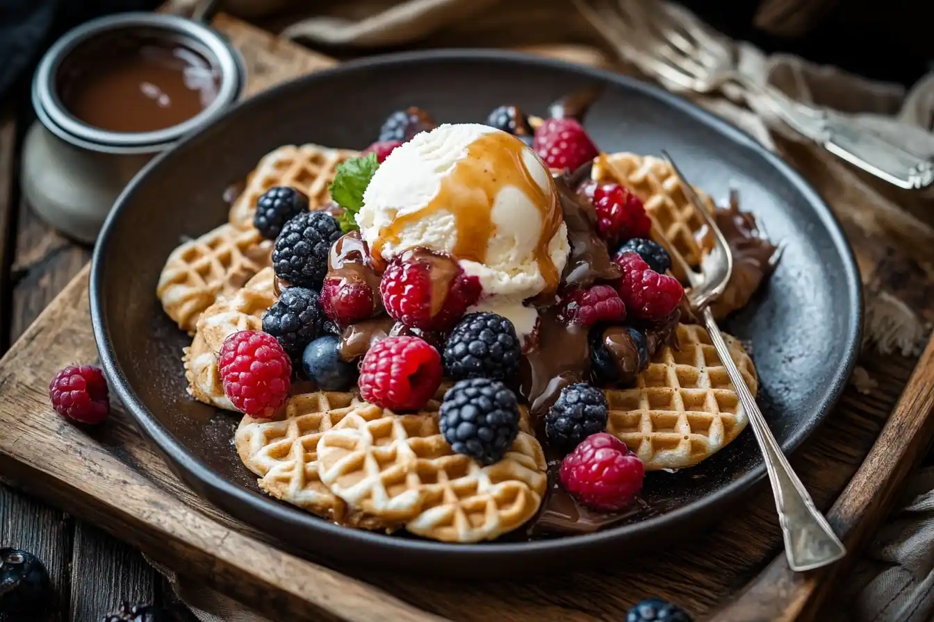 Waffle cookies on a plate with vanilla ice cream, caramel drizzle, and fresh berries, served on a wooden tray with a pot of chocolate fondue.