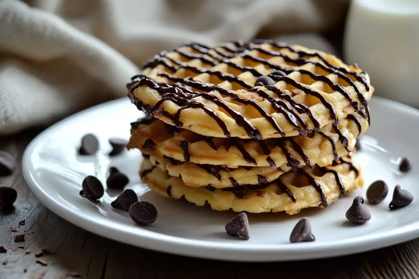 A stack of golden-brown waffle cookies drizzled with chocolate sauce on a white plate, with a glass of milk and a napkin in the background.