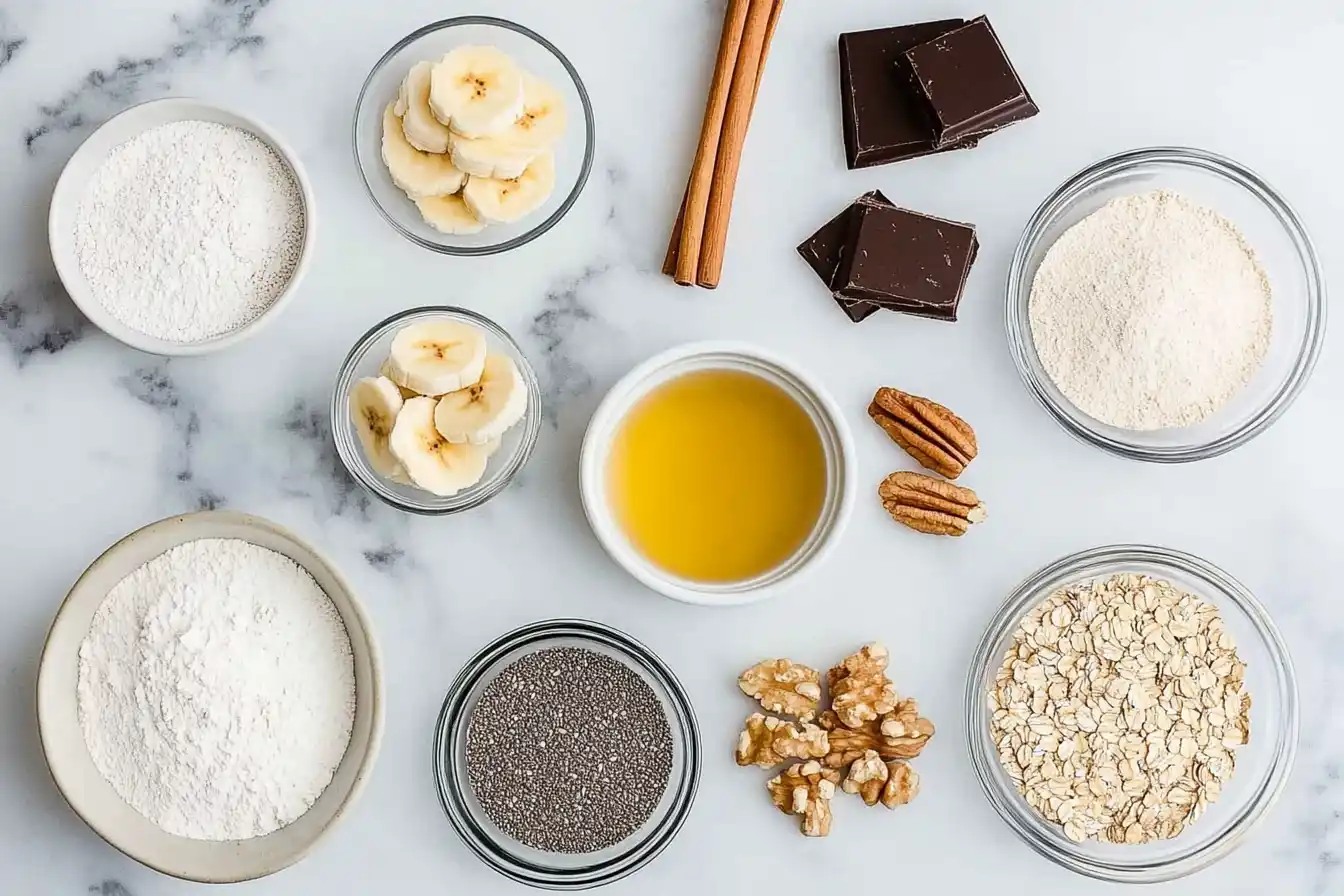 A flat-lay of banana bread cookie ingredients, including ripe bananas, almond flour, coconut oil, and chocolate chunks on a kitchen counter.