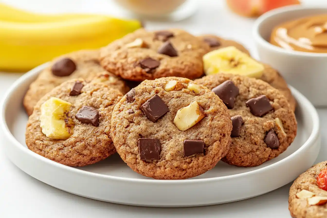 A plate of banana bread cookies served with fresh fruit and a bowl of nut butter on a rustic wooden table.