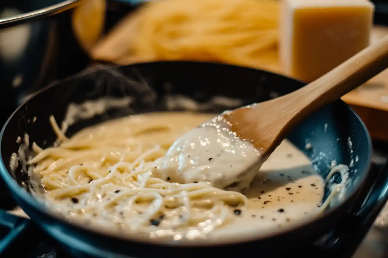 A nonstick pan with Alfredo sauce being stirred with a wooden spoon, showing its smooth, creamy texture.