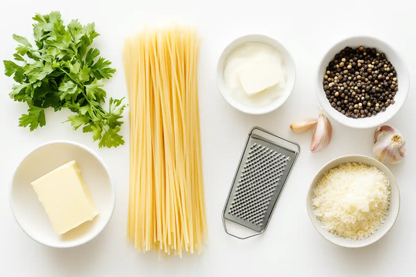 Fresh ingredients for Alfredo Spaghetti, including spaghetti, butter, heavy cream, Parmesan cheese, and garlic, arranged on a kitchen counter.