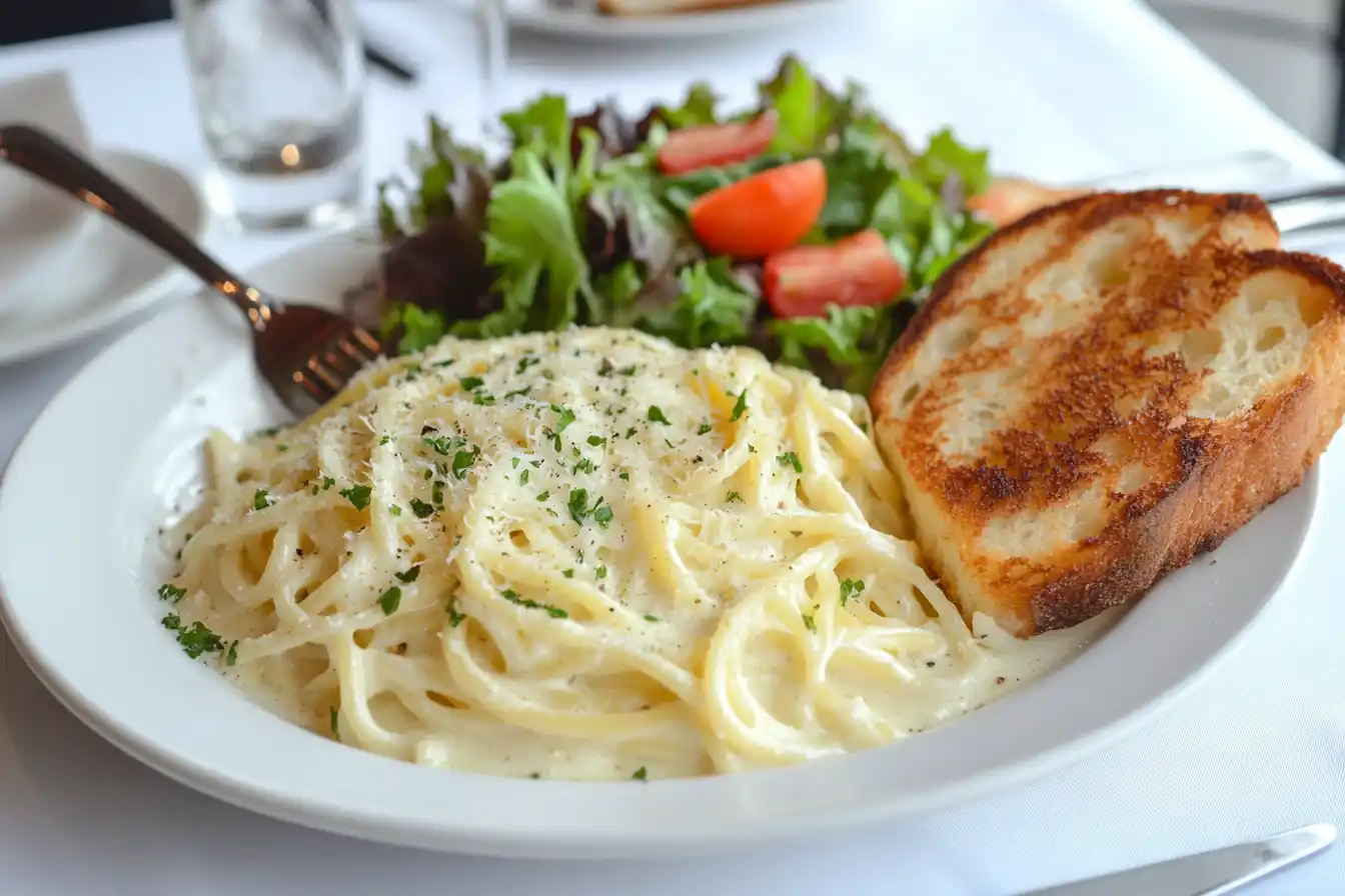 A plate of Alfredo Spaghetti with garlic bread and a green salad, set on a dining table with natural lighting.