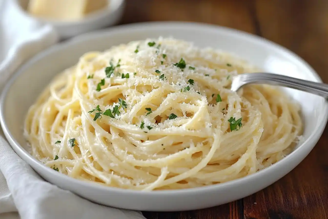 A plate of Alfredo Spaghetti coated in creamy sauce, garnished with Parmesan cheese and parsley, placed on a wooden table.