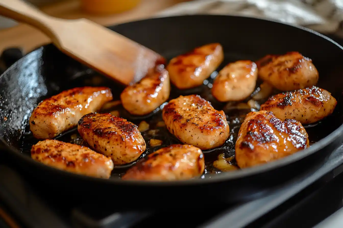 Chicken apple sausages cooking in a cast-iron skillet, with a golden-brown sear and a wooden spatula resting nearby.