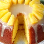 A slice of pineapple juice cake on a plate, with a fork beside it and a halved pineapple in the background.