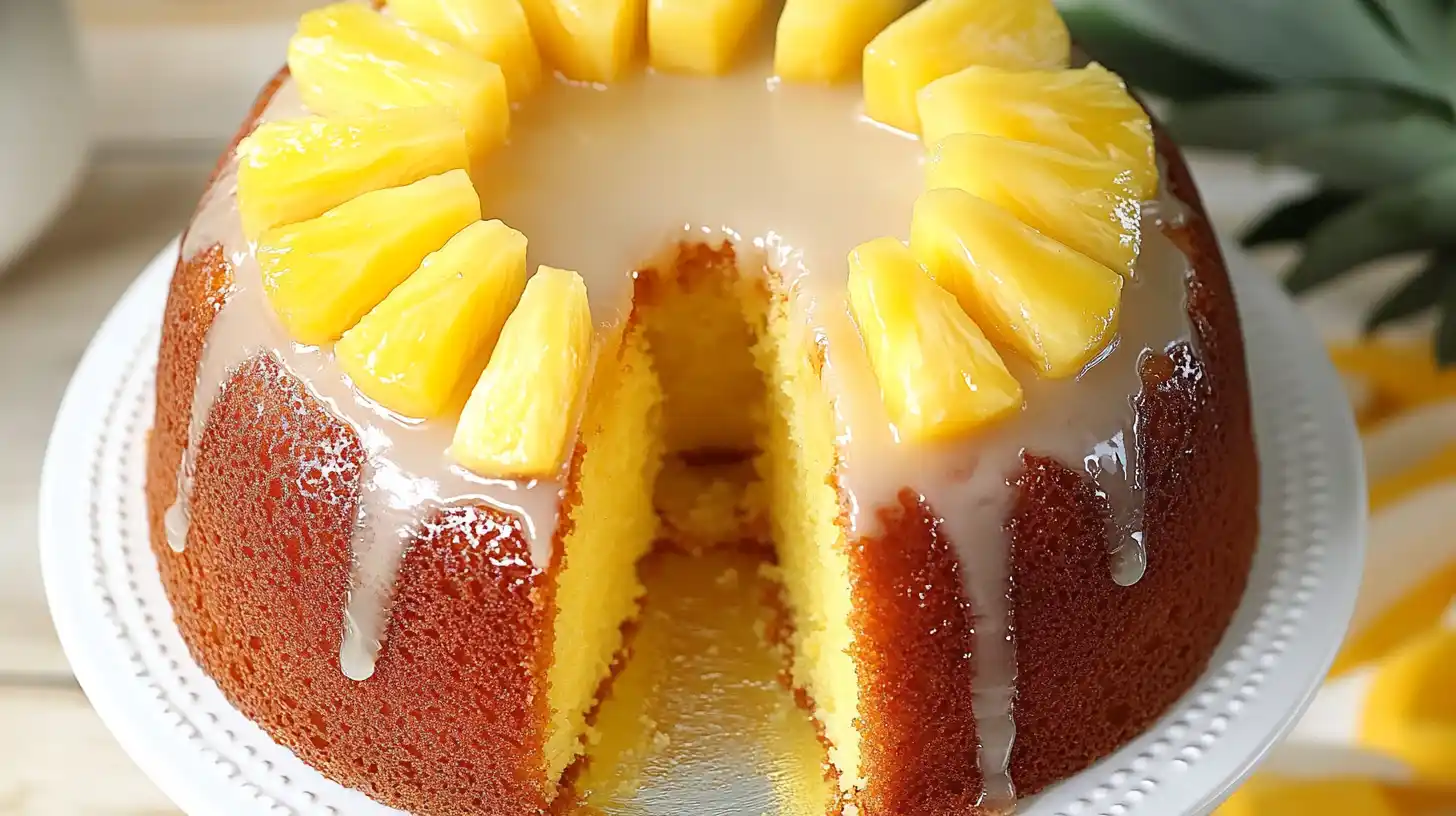 A slice of pineapple juice cake on a plate, with a fork beside it and a halved pineapple in the background.