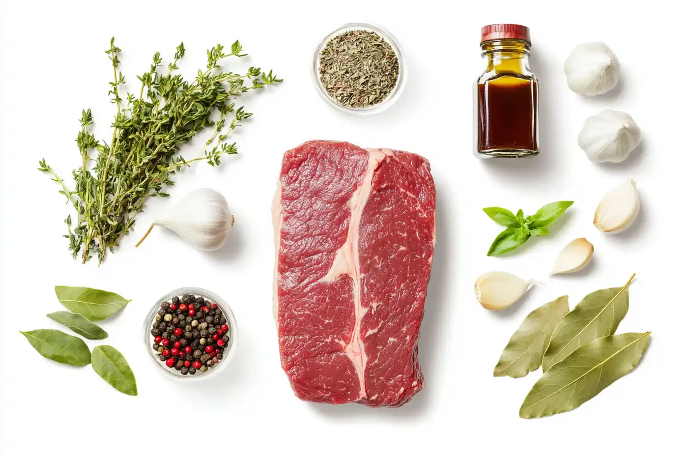 Flat lay of Italian beef ingredients, featuring raw beef, fresh herbs, garlic, and spices on a wooden surface.